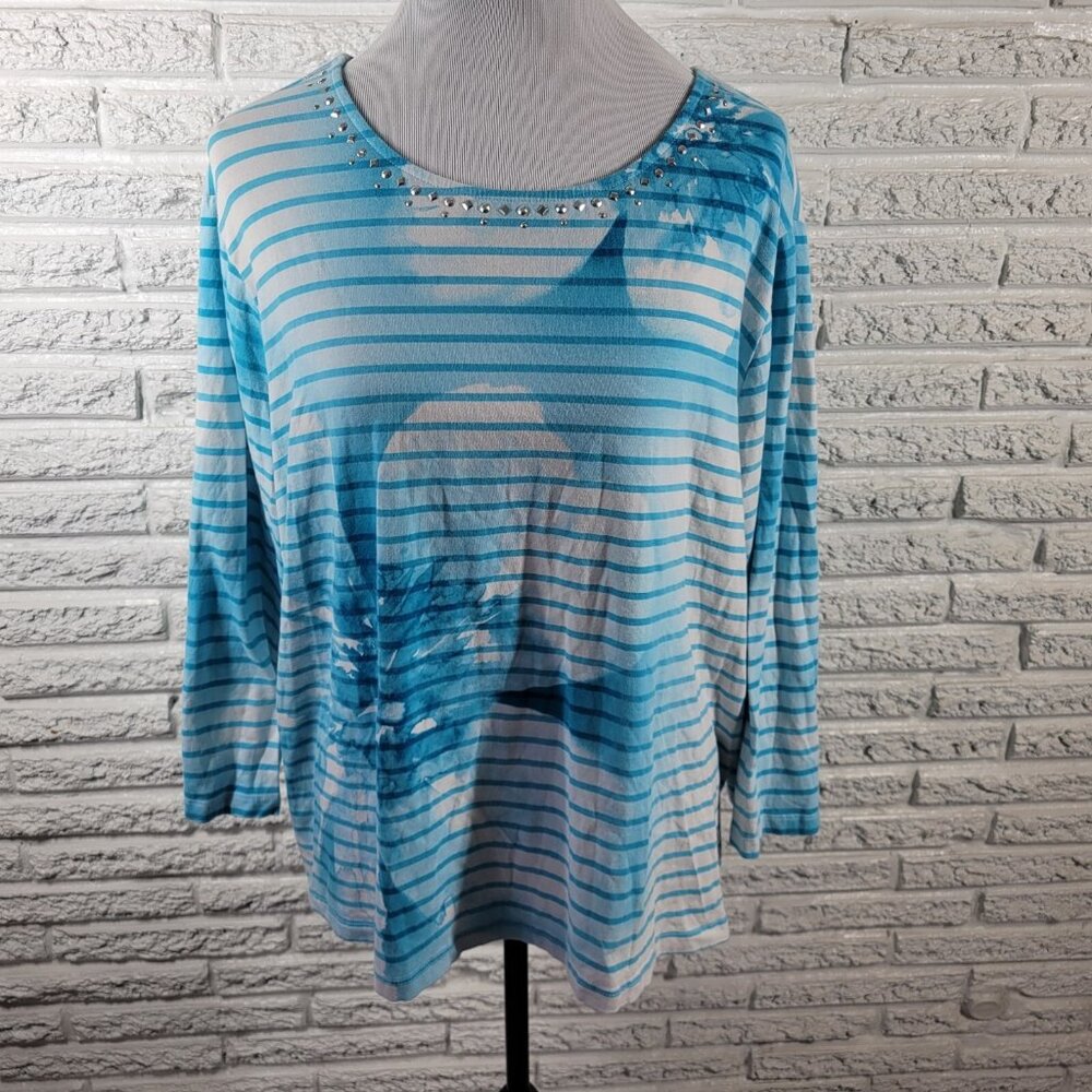 Alfred Dunner Womens Top 2X Plus long Sleeve Blue Stripe Cotton Blend STR179E
